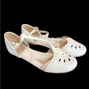 Bettie Page White Flats with Cutout Design and Ankle Strap